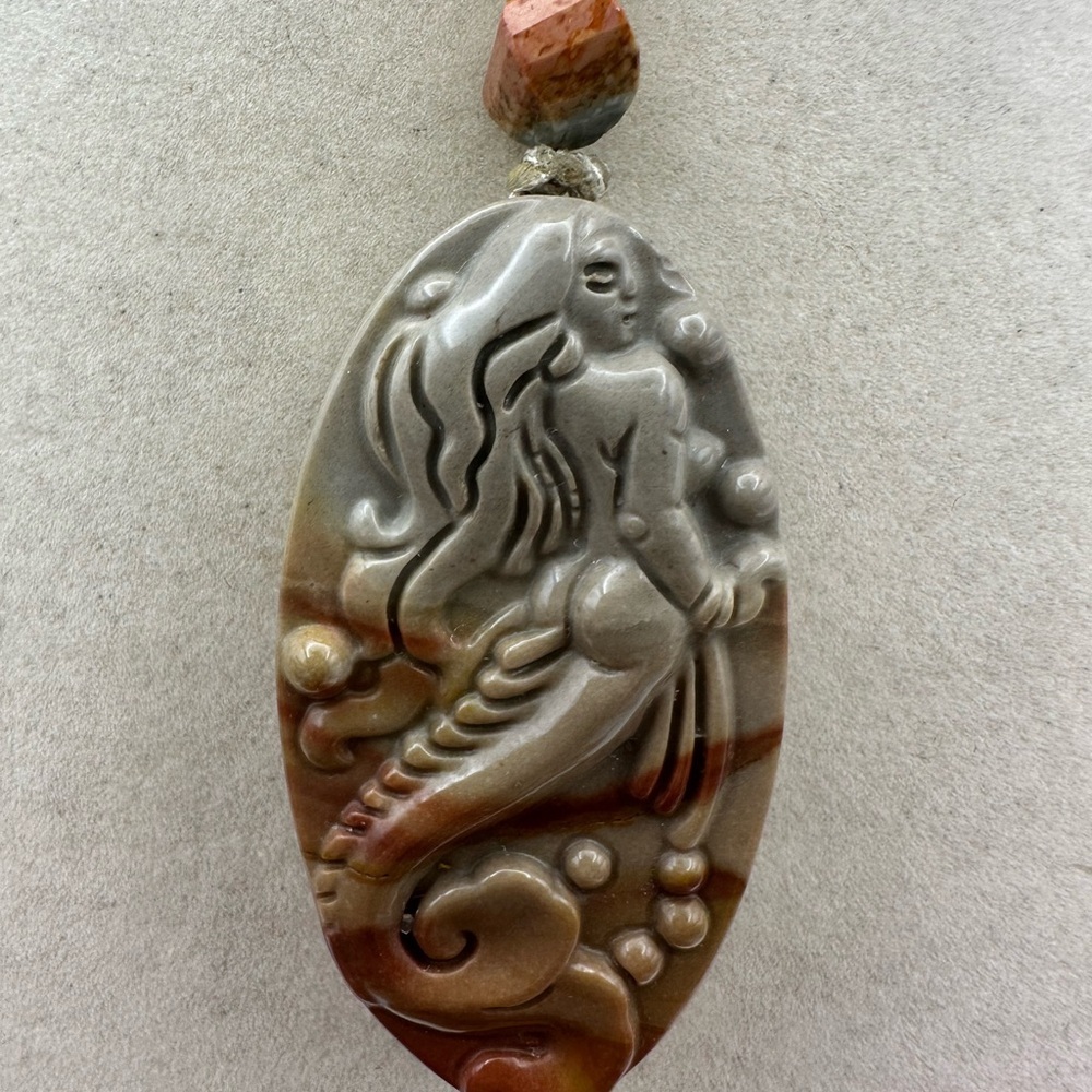 Polychrome Jasper Oval Mermaid Carving Pendant on Adjustable Rope with Silver - Picture 6 of 12